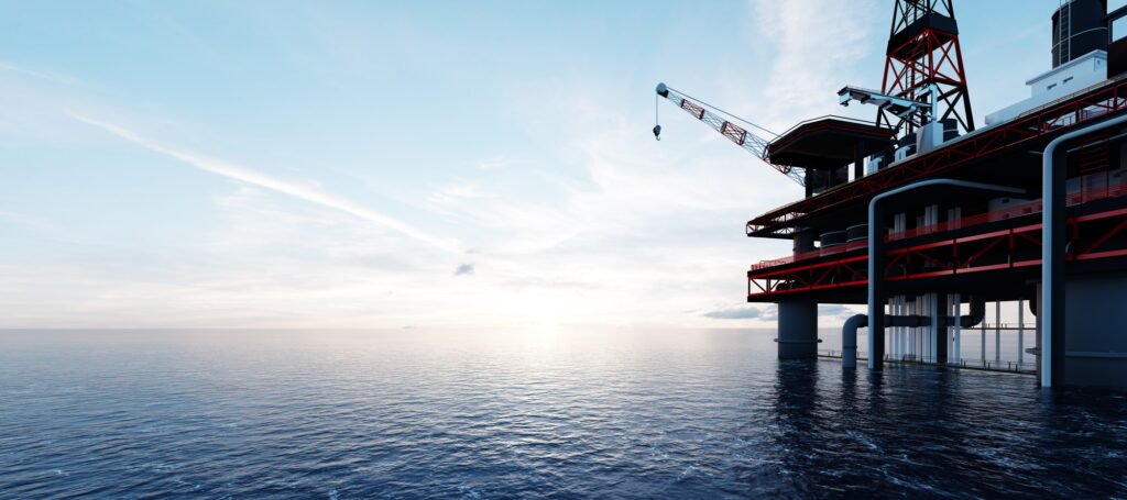 Energy infrastructure solutions- Oil platform on the ocean. Offshore drilling for gas and petroleum